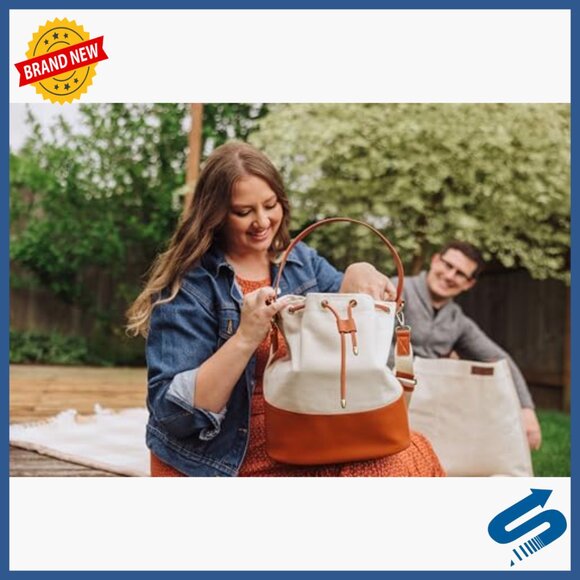 Canvas & Vegan Leather Tote with Drawstring Closure, Adjustable Strap - Picture 6 of 7